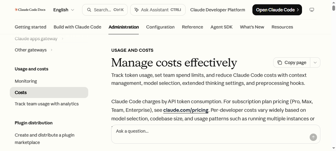 Claude Code 官方成本与上下文管理文档实拍：长对话的 token 成本口径出处