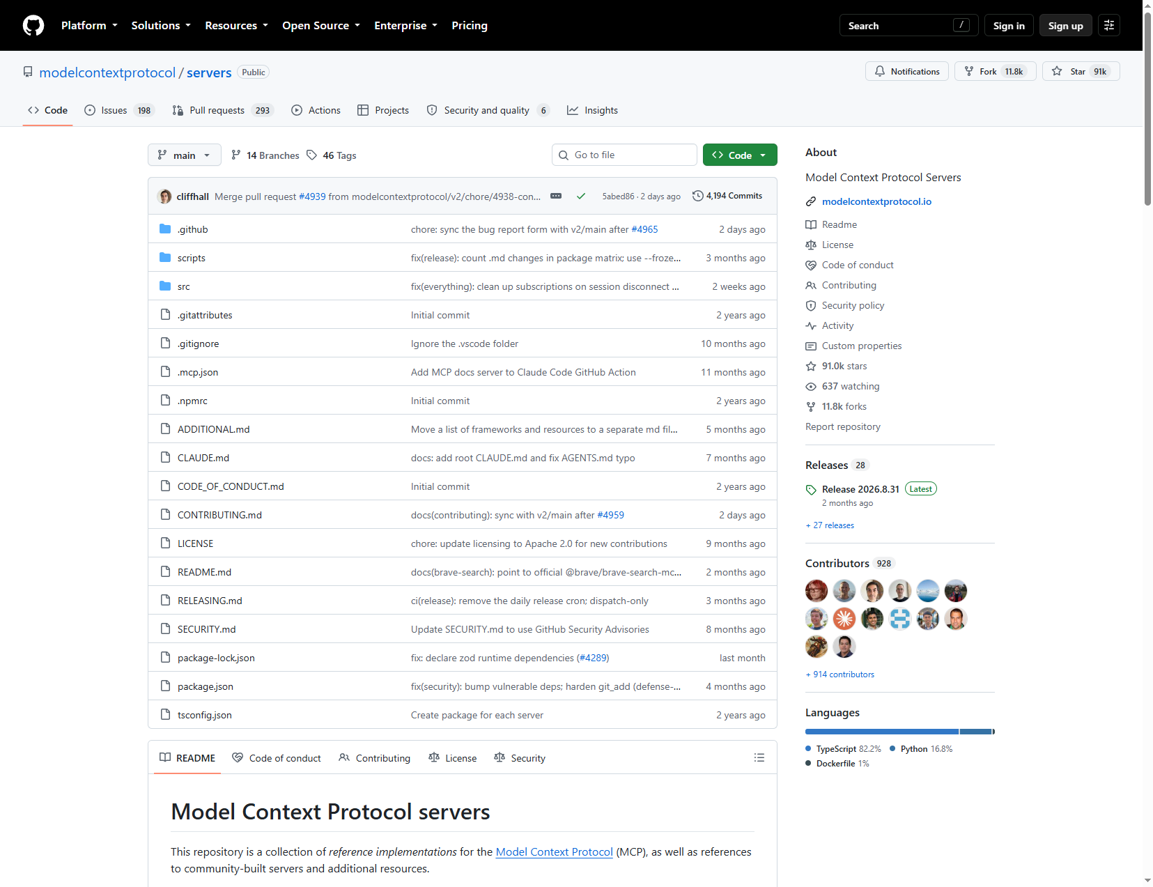 modelcontextprotocol/servers 的 GitHub 仓库页