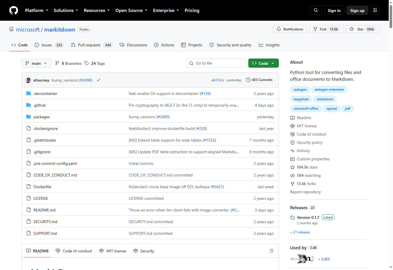markitdown 的 GitHub 仓库页