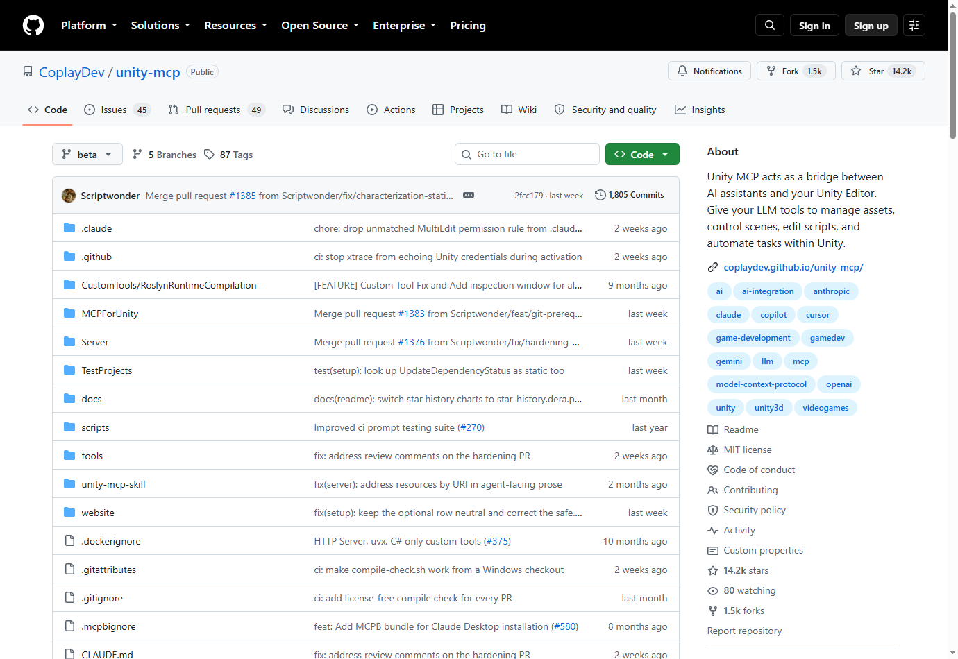unity-mcp 的 GitHub 仓库页