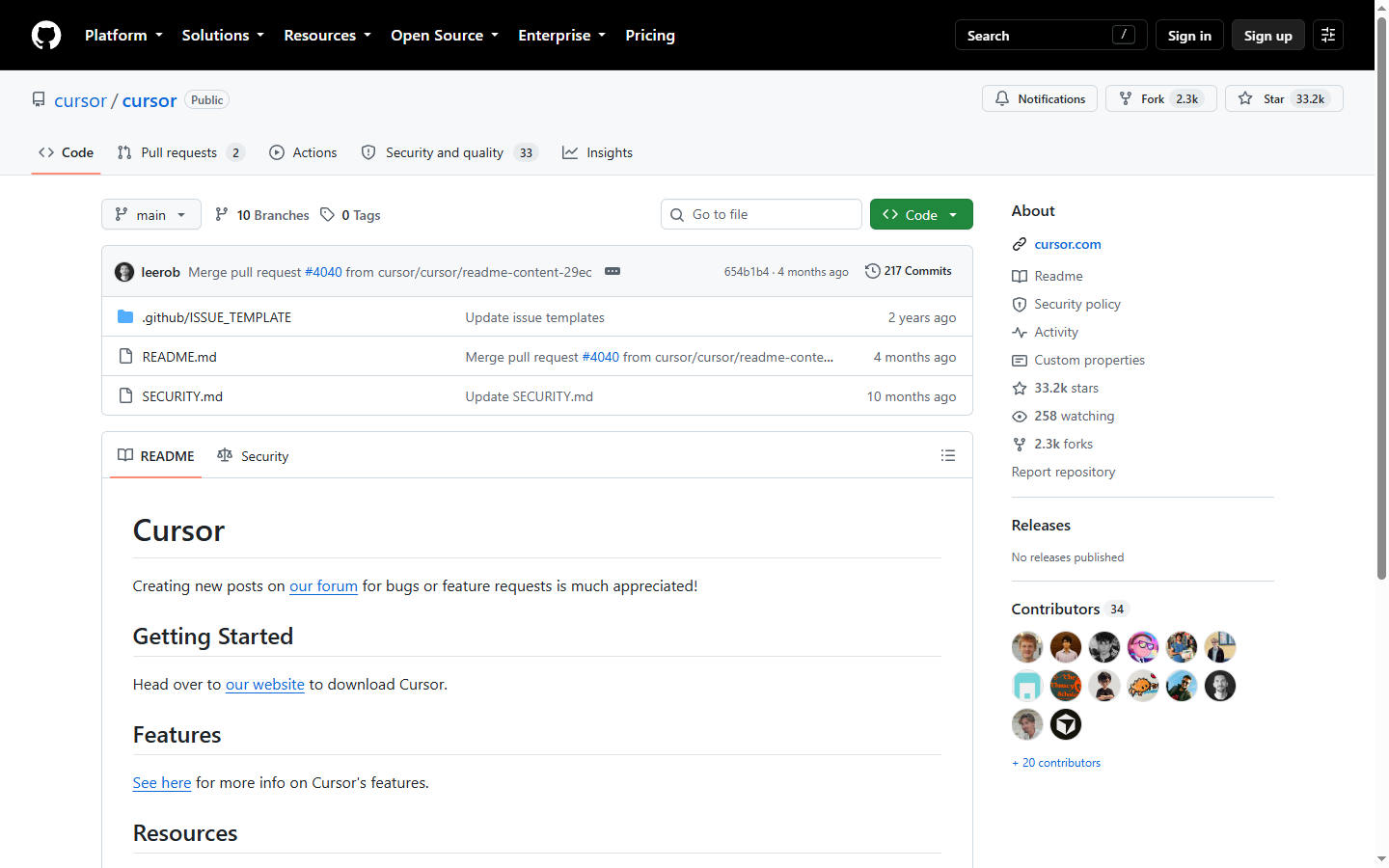 Cursor 的 GitHub 仓库首页