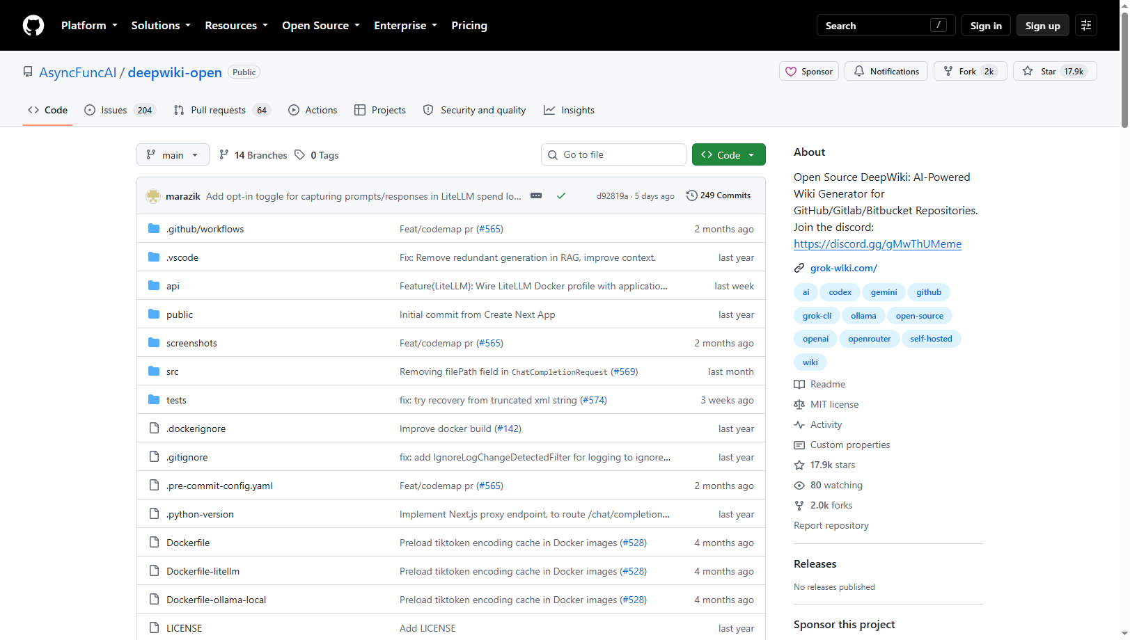 deepwiki-open 的 GitHub 仓库首页