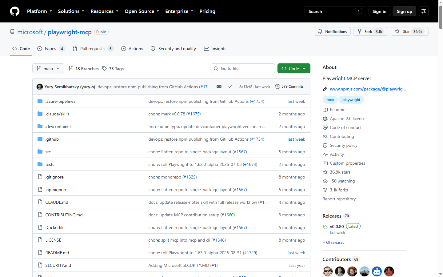 Playwright MCP 的 GitHub 仓库首页
