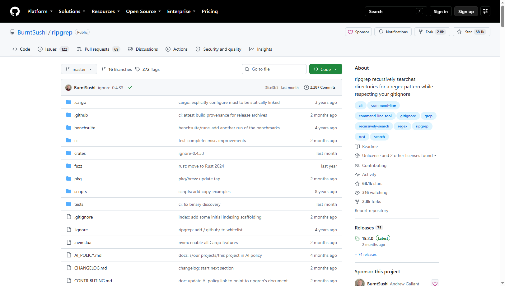 ripgrep 的 GitHub 仓库首页